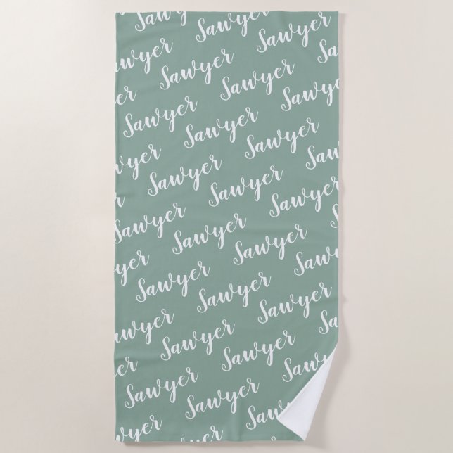 Sage Green Calligraphy Personalised Repeat Name Beach Towel (Front)