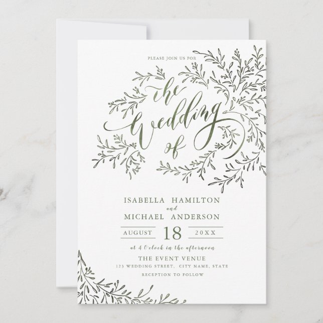 Sage green calligraphy rustic floral wedding invitation (Front)