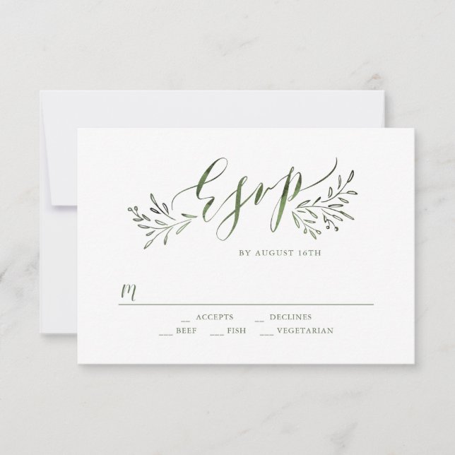 Sage green calligraphy rustic floral wedding RSVP (Front)