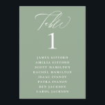 Sage Green Calligraphy Seating Chart Table Number<br><div class="desc">Elegant white calligraphy "table",  with guest names listed and table number,  wedding table number seating chart card. Background colour shown in sage green,  can be customised.</div>