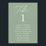Sage Green Calligraphy Seating Chart Table Number<br><div class="desc">Elegant white calligraphy "table",  with guest names listed and table number,  wedding table number seating chart card. Background colour shown in sage green,  can be customised.</div>