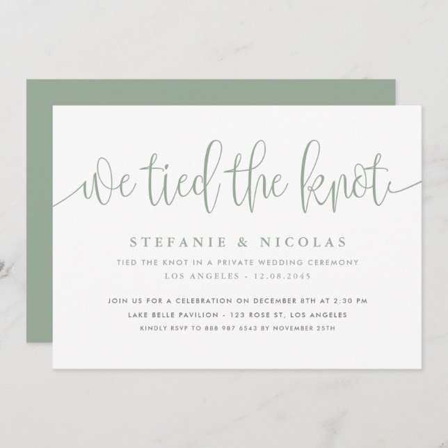 Sage Green Calligraphy We Tied The Knot Wedding Invitation (Front/Back)