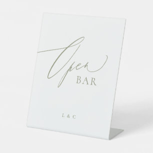 Sage Green Calligraphy Wedding Open Bar Pedestal Sign