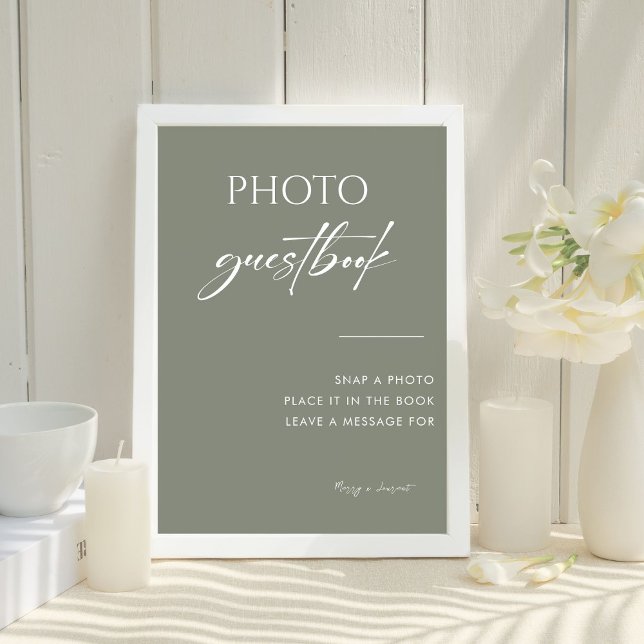 Sage Green Calligraphy Wedding Photo Guestbook Pedestal Sign (Creator Uploaded)