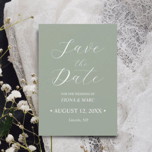Sage green calligraphy wedding save the date card