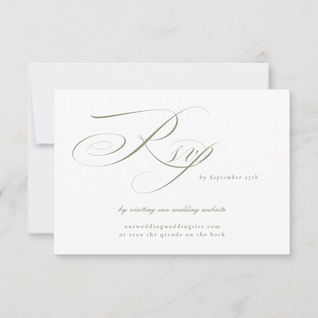 Sage Green Calligraphy Wedding Website QR CODE RSVP Card (Front)