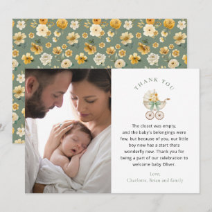 Sage Green Carriage Baby Shower Photo Thank You Card