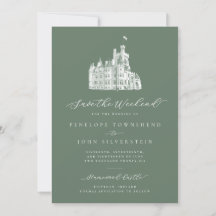 Sage Green Castle Illustration Weekend Wedding 