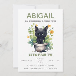 Sage Green Cat Houseplant Trendy Kitten Birthday Invitation