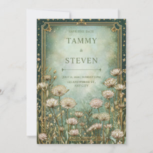 Sage Green Celestial Starry Astrantia Wedding Invitation