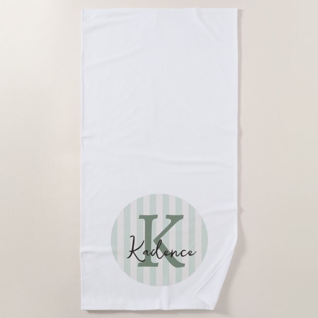 Sage Green Charcoal Custom Striped Circle Monogram Beach Towel (Front)