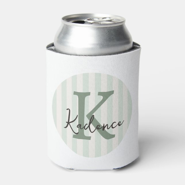 Sage Green Charcoal Custom Striped Circle Monogram Can Cooler (Can Front)