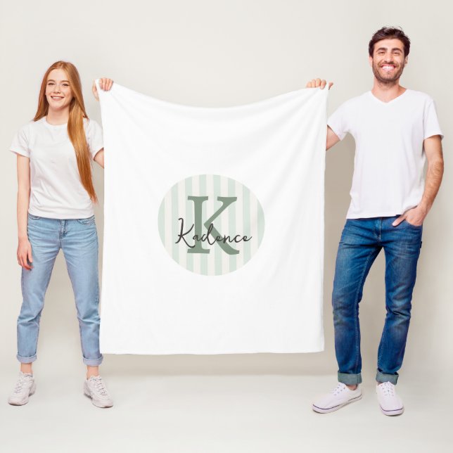 Sage Green Charcoal Custom Striped Circle Monogram Fleece Blanket (In Situ)
