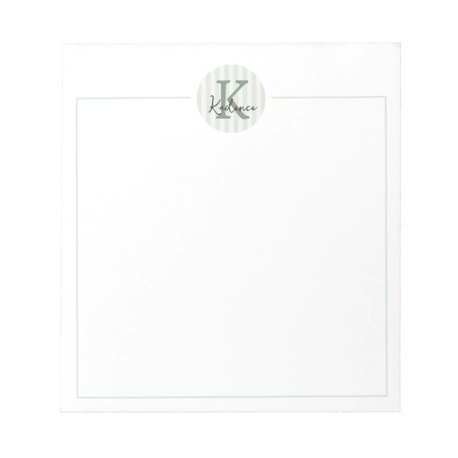 Sage Green Charcoal Custom Striped Circle Monogram Notepad (Front)