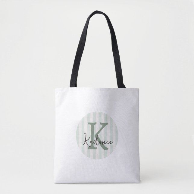 Sage Green Charcoal Custom Striped Circle Monogram Tote Bag (Front)