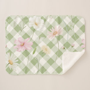 Sage Green Checkers Floral Sherpa Blanket