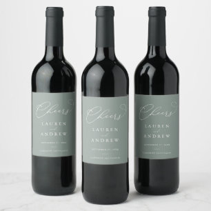 Sage Green Cheers Elegant Wedding Wine Label
