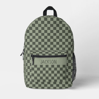 Sage Green Chequerboard Custom Name Boys School Printed Backpack