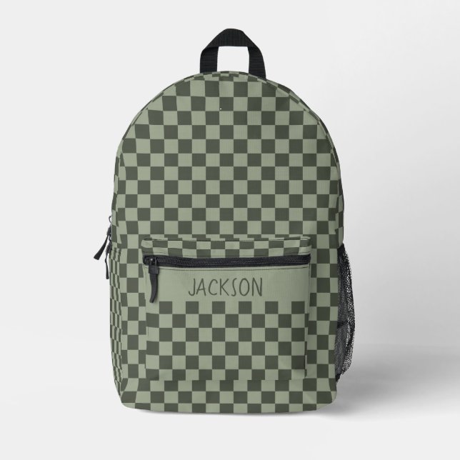 Sage Green Chequerboard Custom Name Boys School Printed Backpack (Front)