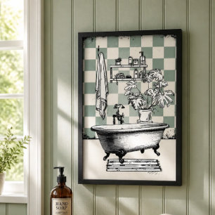 Sage Green Chequered Vintage Clawfoot Tub Bathroom Poster