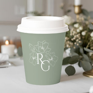 Sage Green   Chic Black Floral Monogram Wedding  Paper Cups