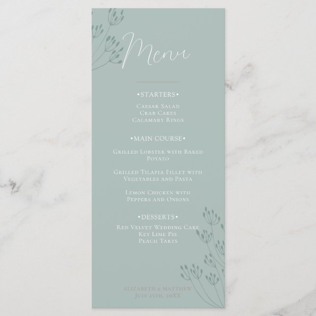 Sage Green Chic Boho Green Wedding Menu (Front)