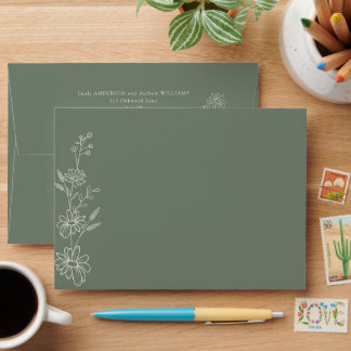 Sage Green Chic Botanical Daisy Garden Wedding Envelope