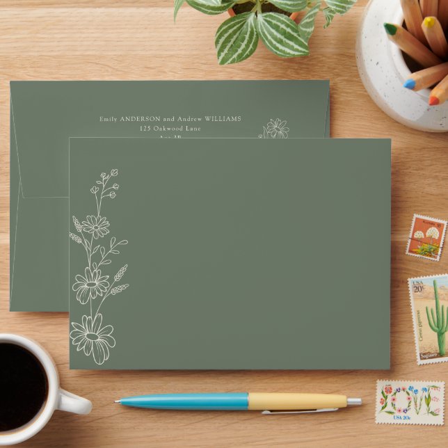Sage Green Chic Botanical Daisy Garden Wedding Envelope (Desk)