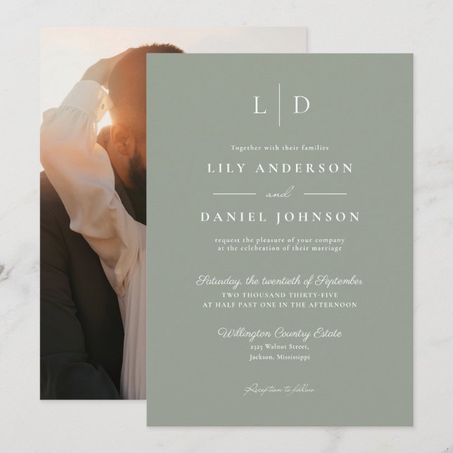 Sage Green Chic Minimalist Monogram Photo Wedding Invitation (Front/Back)