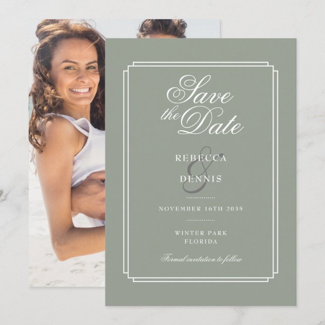 Sage Green Chic Script Art Deco Photo Wedding Save The Date (Front/Back)