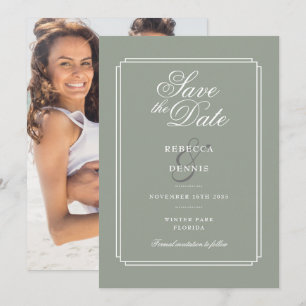Sage Green Chic Script Art Deco Photo Wedding Save The Date
