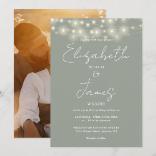 Sage Green Chic String Lights Script Photo Wedding Invitation