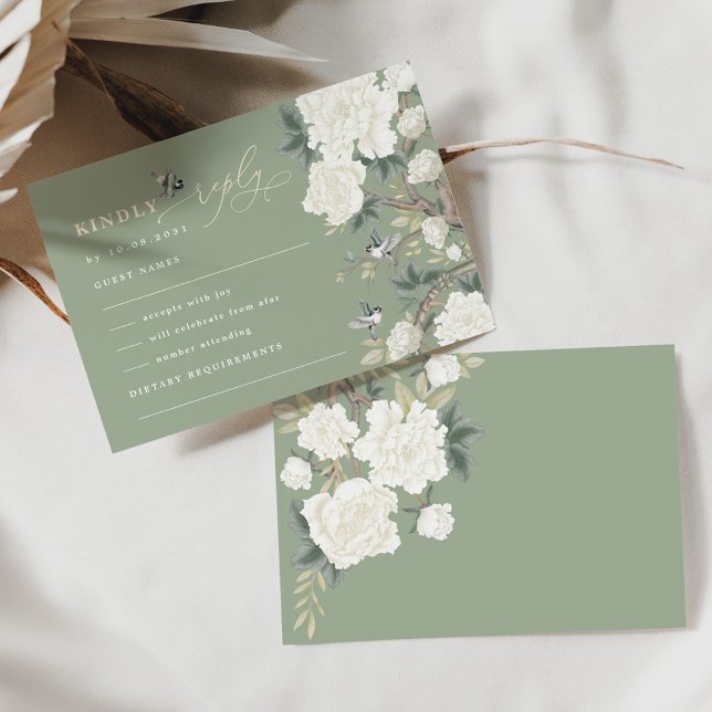 Sage Green Chinoiserie Bird Peony Wedding RSVP Card (Creator Uploaded)