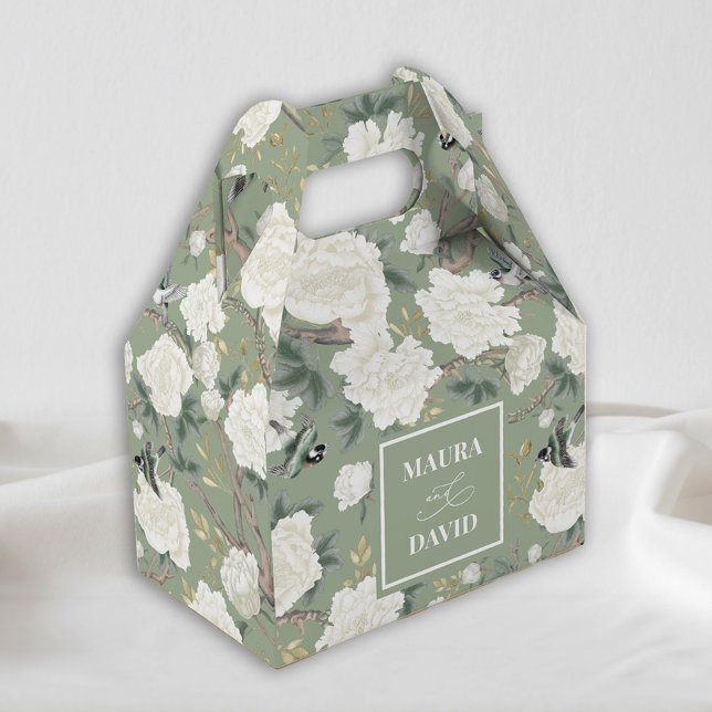 Sage Green Chinoiserie Birds Flowers Wedding Favour Box (Creator Uploaded)