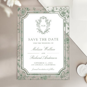 Sage Green Chinoiserie Crest Wedding Save the Date Acrylic Invitations