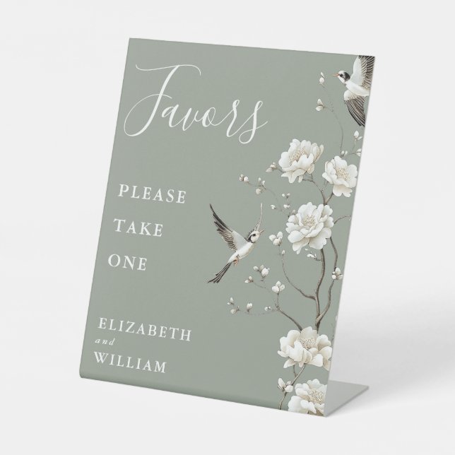 Sage Green Chinoiserie Floral Favours Wedding Pedestal Sign (Front)