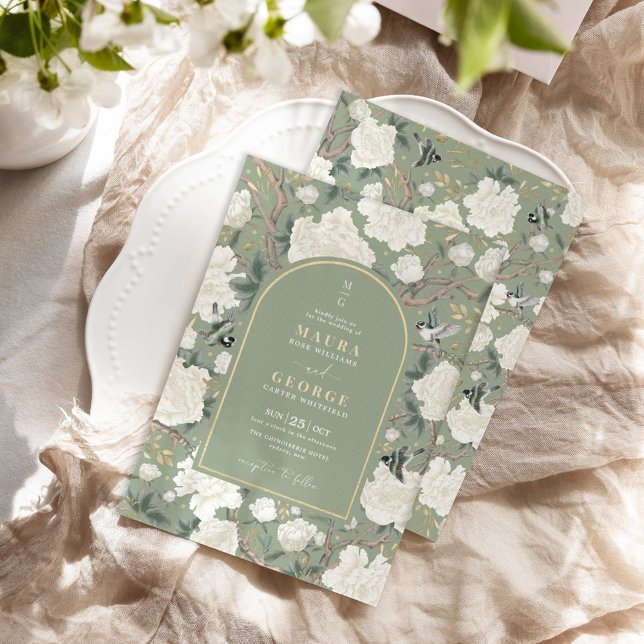 Sage Green Chinoiserie Floral Garden Wedding Invitation (Creator Uploaded)