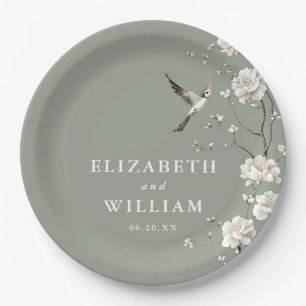 Sage Green Chinoiserie Floral Garden Wedding Paper Plate