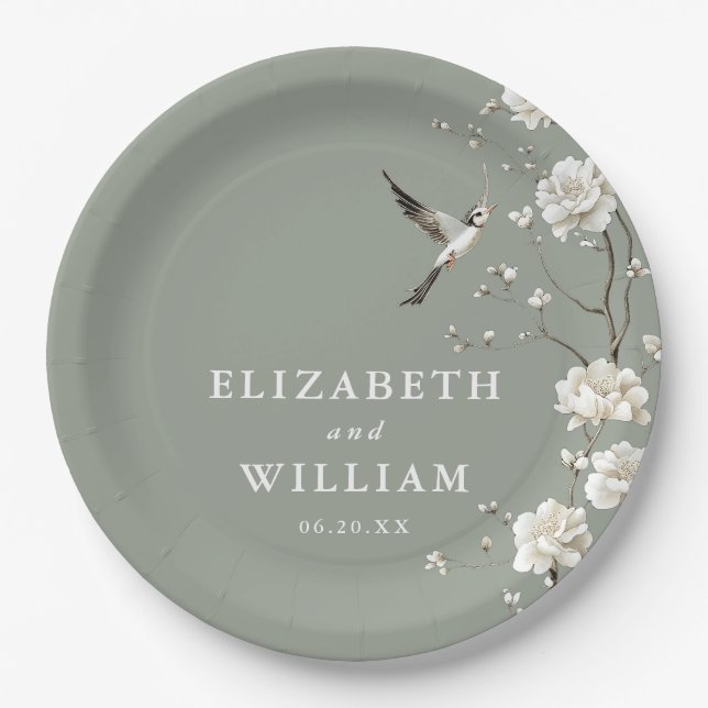 Sage Green Chinoiserie Floral Garden Wedding Paper Plate (Front)