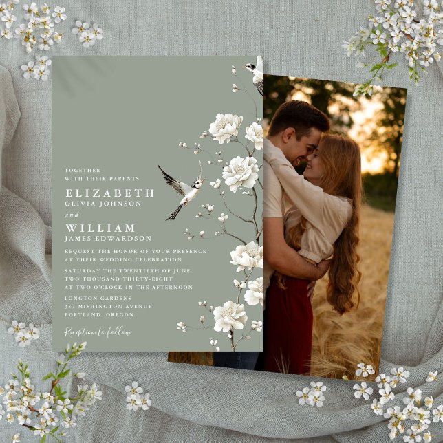 Sage Green Chinoiserie Floral Garden Wedding Photo Invitation (Sage Green Chinoiserie Floral Garden Wedding Photo Invitation)