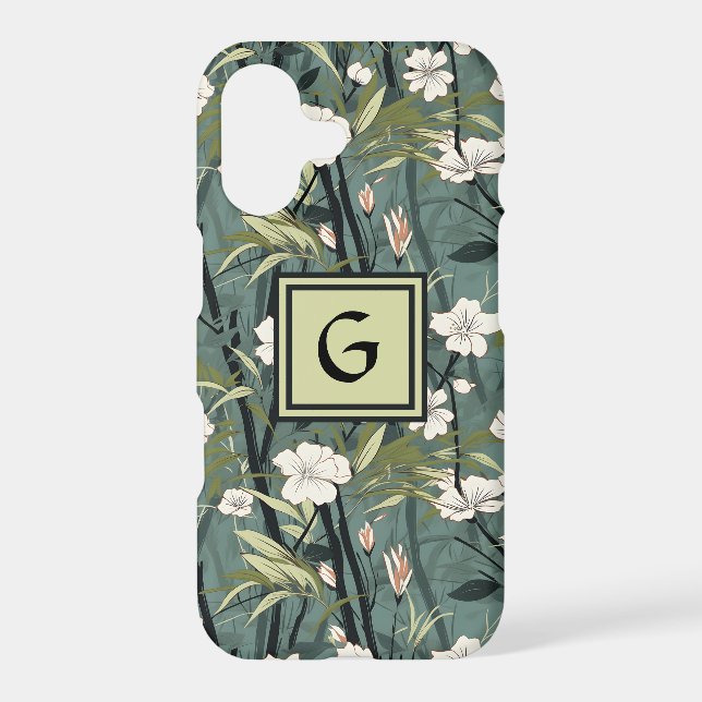 Sage Green Chinoiserie Floral White Initial  (Back)