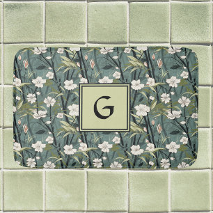 Sage Green Chinoiserie Floral White Initial Bath Mat