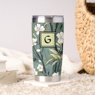 Sage Green Chinoiserie Floral White Initial Insulated Tumbler