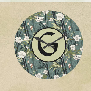 Sage Green Chinoiserie Floral White Initial Large Clock