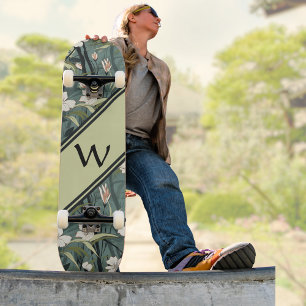 Sage Green Chinoiserie Floral White Initial  Skateboard