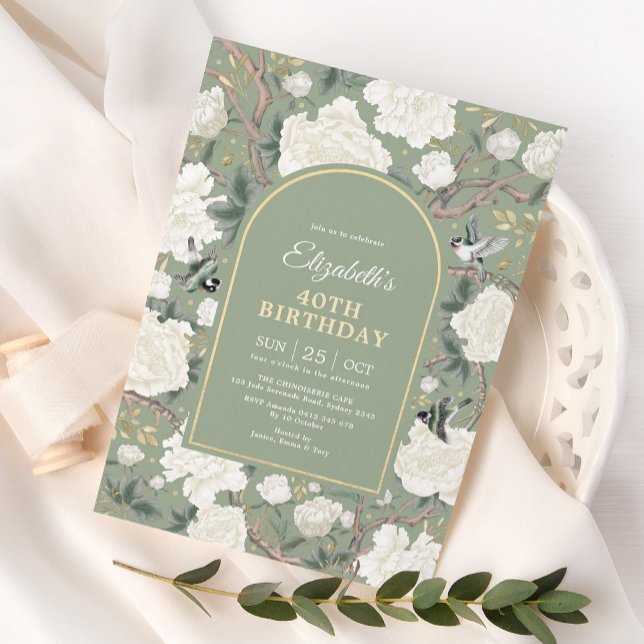 Sage Green Chinoiserie Floral Women 40th Birthday Invitation (Creator Uploaded)