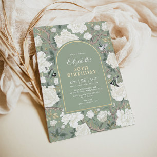 Sage Green Chinoiserie Floral Women 50th Birthday Invitation