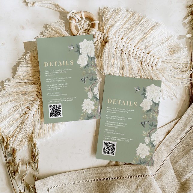Sage Green Chinoiserie Flowers Wedding Details Enclosure Card (Creator Uploaded)