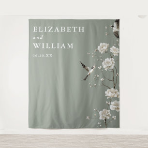 Sage Green Chinoiserie Wedding Photo Backdrop Tapestry