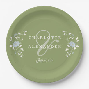 Sage Green Chintz Floral Elegant Wedding Paper Plate